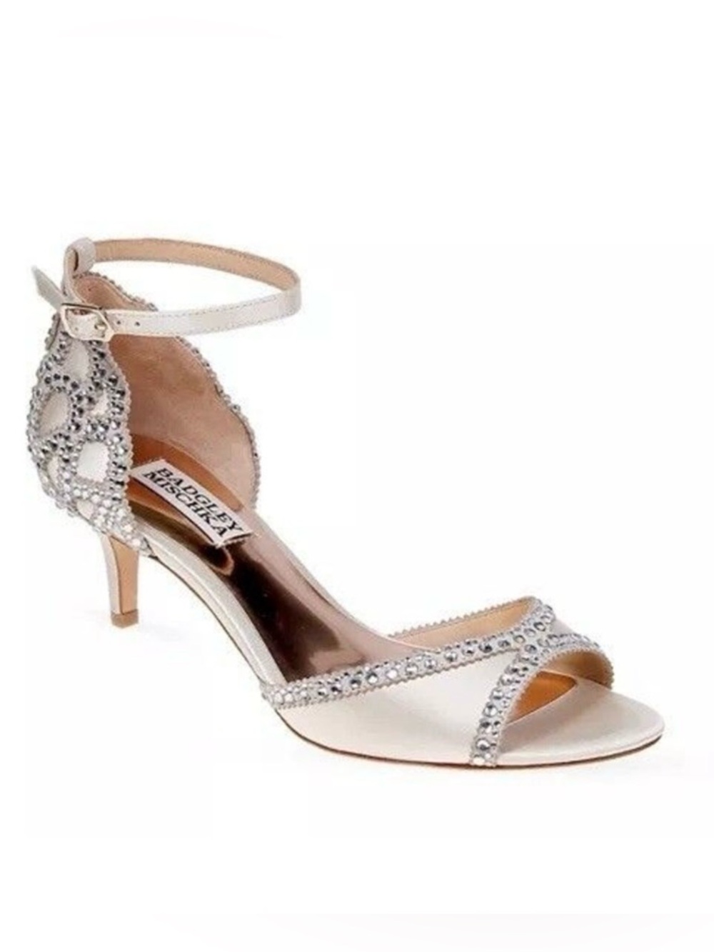 Badgley Mischka Gillian Embellished Ankle Strap Sandals Heel Satin Ivory Sz 6.5